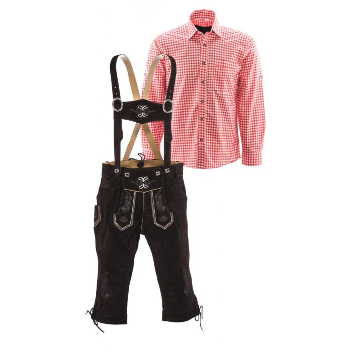 Bruin en rood combinatie lederhosen set