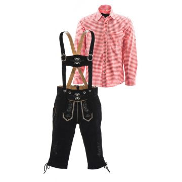 Zwart lederhosen rood overhemd